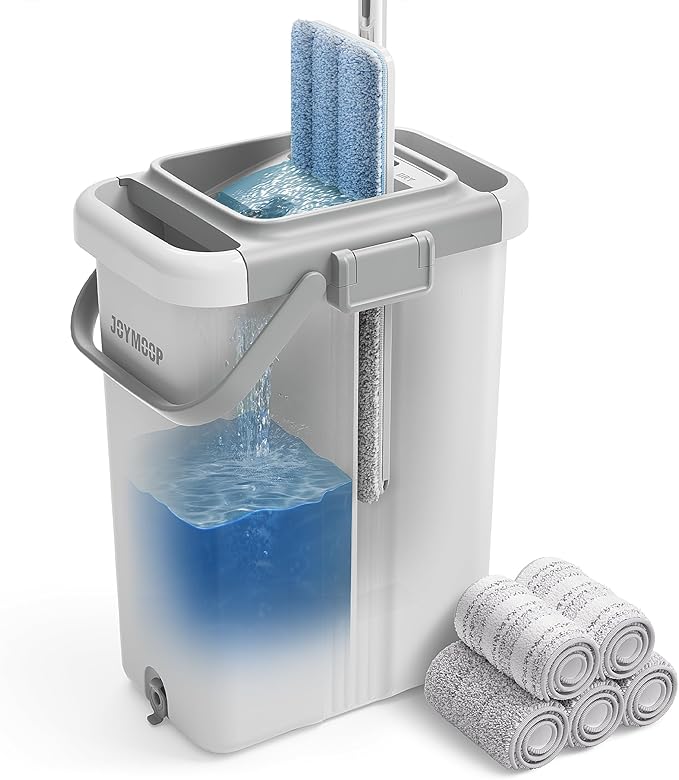 JOYMOOP Mop and Bucket Set â Hands-Free Flat Floor Mop for Household and Commercial Use, with 3 Washable Microfiber Pads, Wet and Dry Cleaning System, Ideal for Home and Office Floors