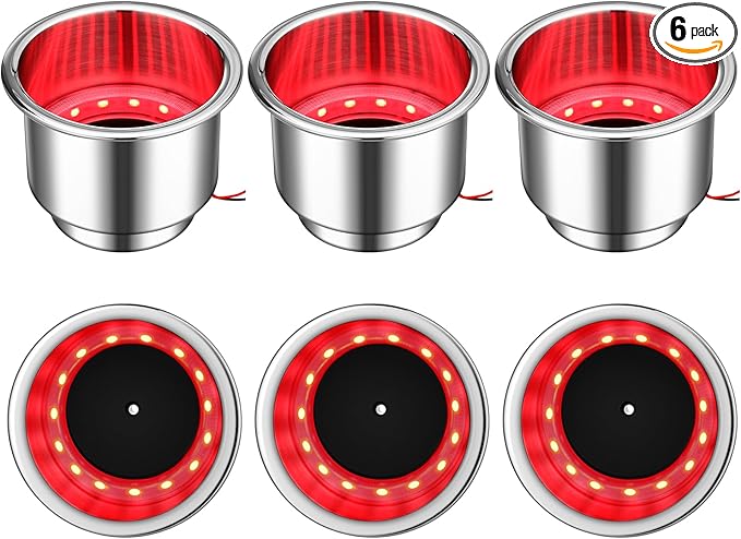 Yexiya 6 Pcs LED Cup Holder Marine Drink Holder Stainless Steel Cup Holders Insert with Drain for Boat Yacht Car Camper Truck RV(Red)