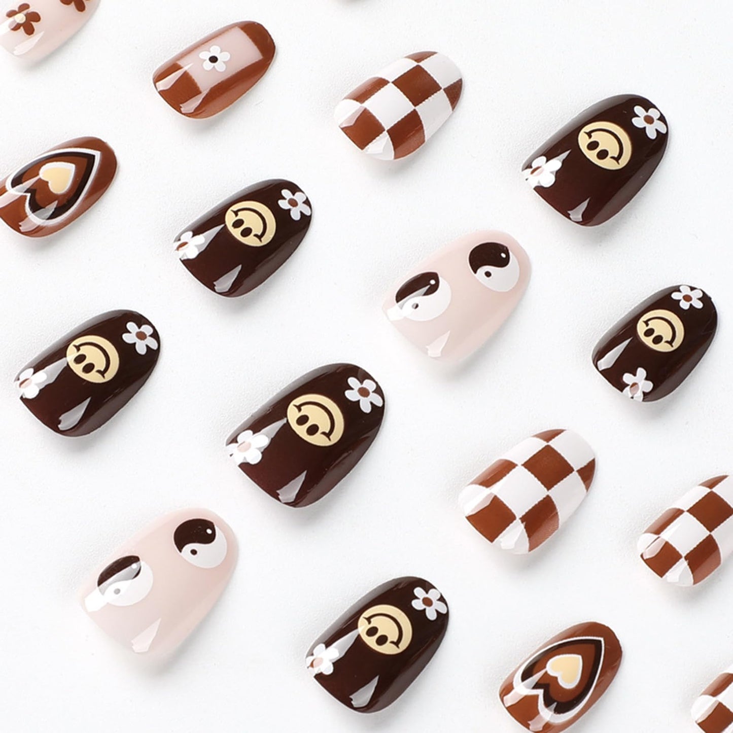 Fall Press on Nails Short Almond Fake Nails Brown French Tip False Nails with Designs Cute Flowers Hearts Acrylic Nails Full Cover Round Head Brown Glue on Nails for Women Girls Autumn Nail Art