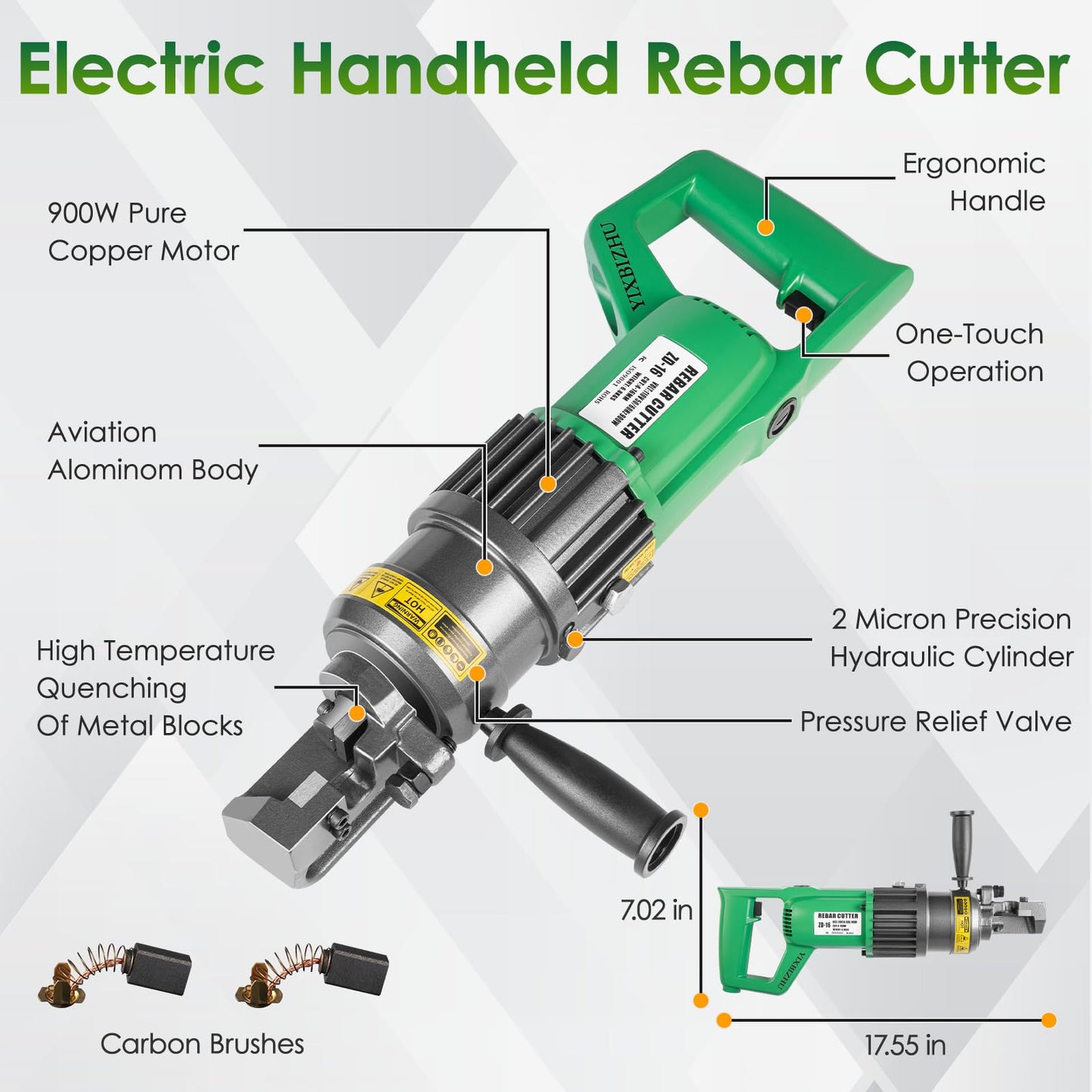 YIXBIZHU 900W Electric Hydraulic Rebar Cutter Aviation‑Aluminum 15bl Body Cuts 4‑16 mm (#3‑#5) Steel Bar in 1.5 s, Adjustable Jaw, One‑Button 110 V Portable Cut‑Off Tool(ZD‑16 )