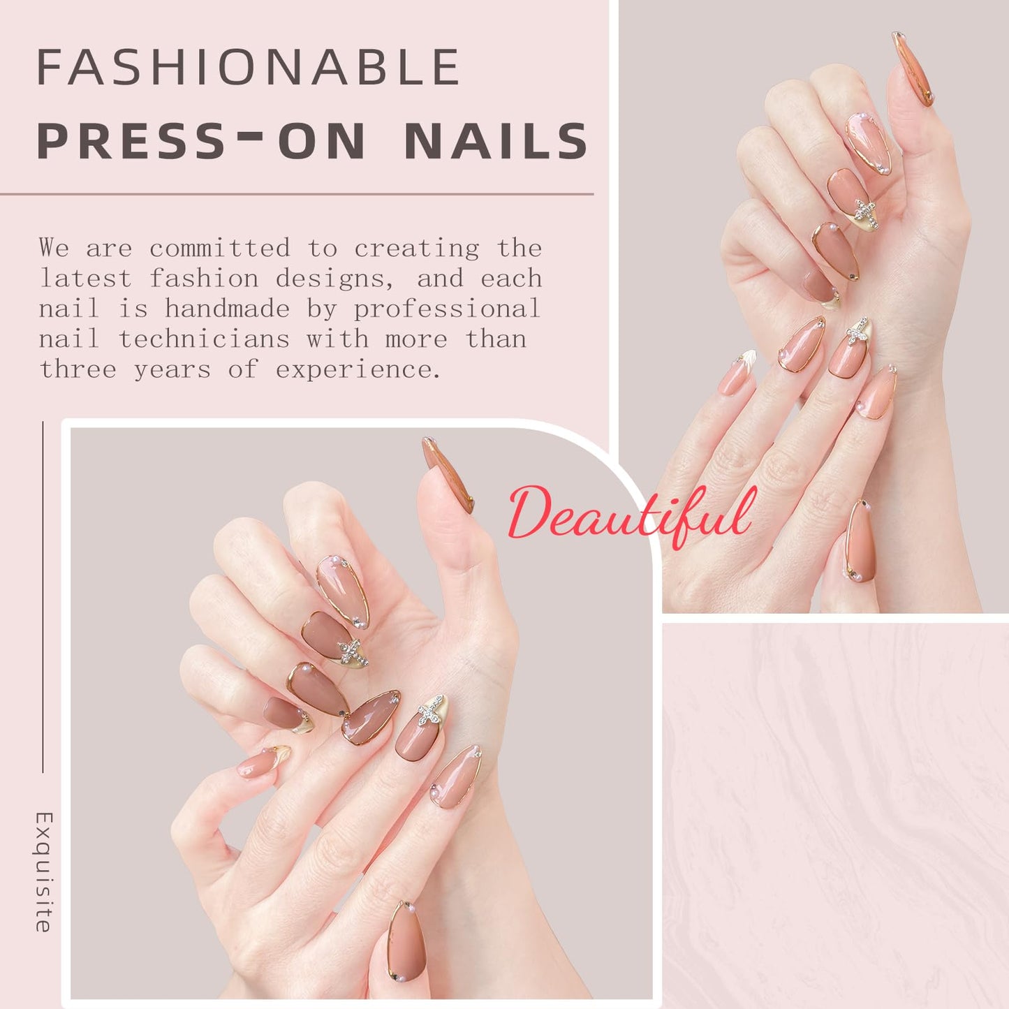 Luxury Handmade false nails,3D Gold French Cross Press-On Nails – Medium Almond Shape False Nails with Rhinestone Embellishments, Elegant Reusable Stick-On Nails(10PCS-S)