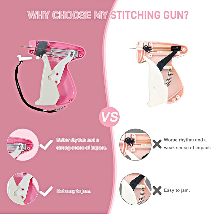 Stitch Gun for Clothes, Handheld Stitch Gun Quick Clothing Fixer,Sewing Kit Includes 1,000 Black Fasteners & 1,000 White Fasteners & 6 Needles (Pink-White)