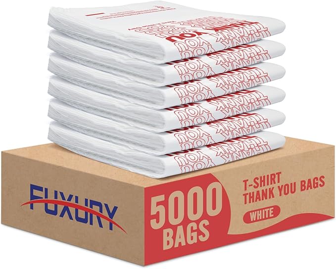 Fuxury 5000 Count (5K) Thank You Plastic Bags for Small Business (11.5" x 6.5" x 21") White, T-shirt, Grocery, Take Out, To Go, Retail Shopping Bags with Handle in Bulk