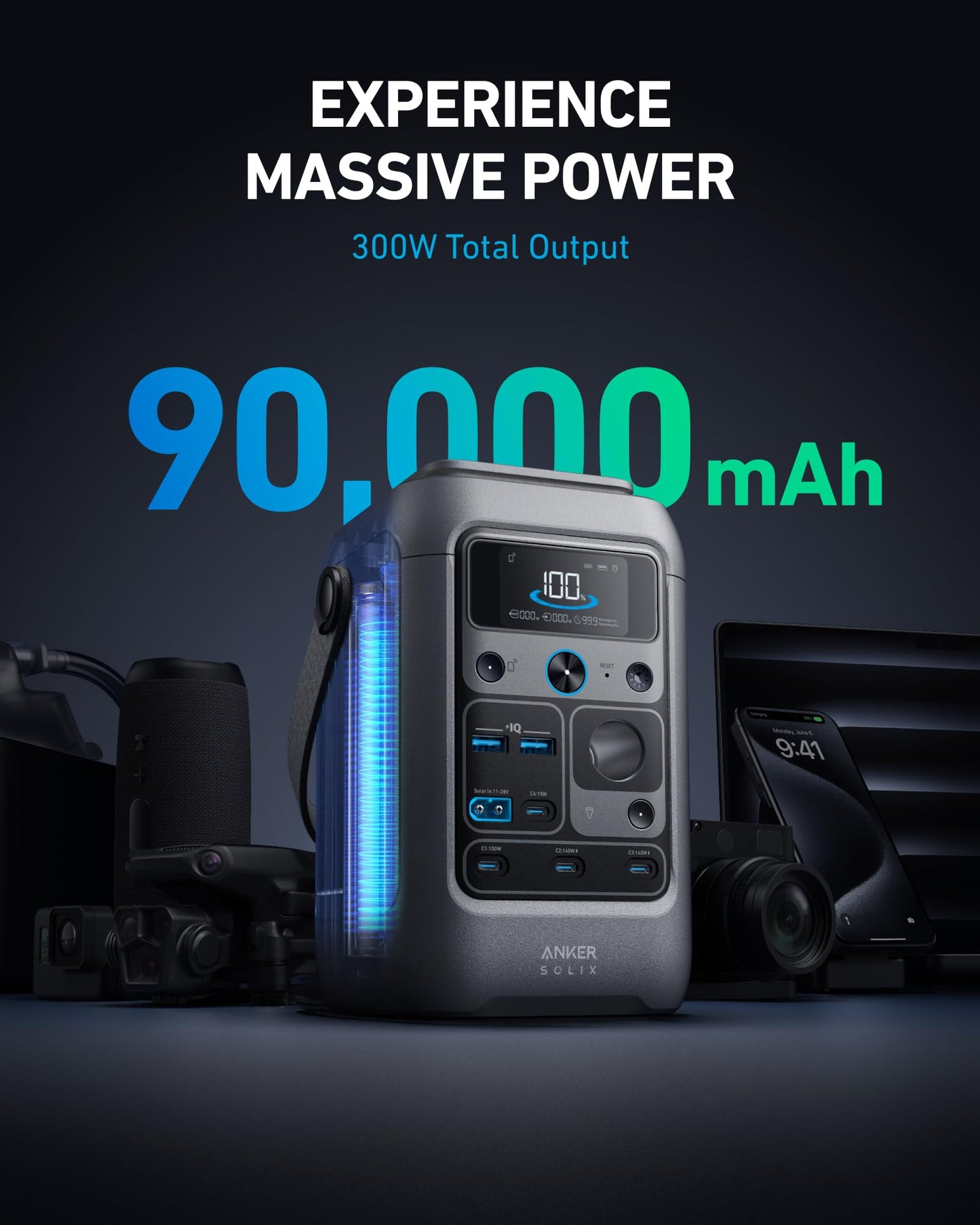 Anker SOLIX C300 DC Power Bank Station with Car Charging Cable, Outdoor 288Wh, Portable Power Station, LiFePO4 Battery, 300W Solar Generator, for Camping, Traveling, and Emergencies
