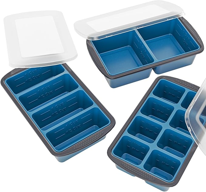 GORCI Silicone Soup Freezer Trays with Lids - 3 Pack, ½ cup, 1 cup, and 2 cup - Perfect Portion Control for Broth, Sauce & Meal Prep ï¼100% Platinum Silicone BPA-Free, Flexible, Dishwasher Safe