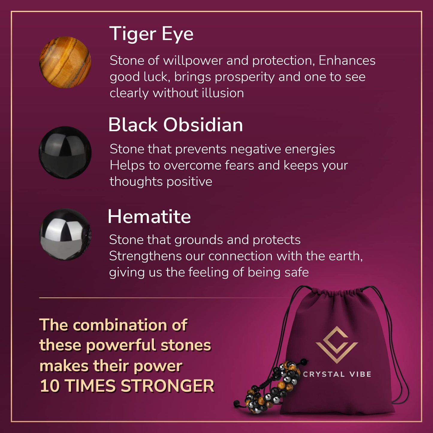 Crystal Vibe 8mm Triple Protection Bracelet - Beaded Bracelet with Natural Stones of Tiger Eye, Hematite, Black Obsidian - Elastic Adjustable Crystal Bracelet for Anxiety Relief, Spiritual Healing