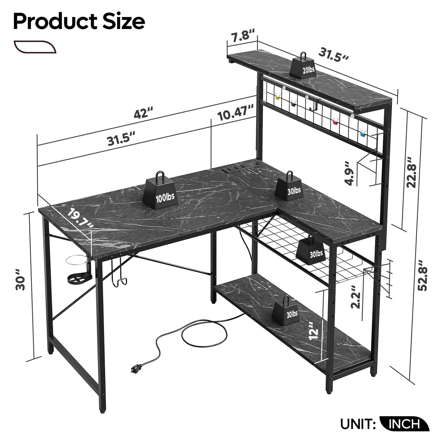 Bestier 42 L Shaped Gaming Desk, Computer Desk with Power Outlets & LED Light, Reversible Corner Desk with Shelves, Home Office Desk with Storage, Black Marble