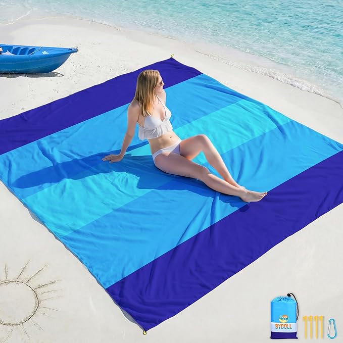 BYDOLL Beach Blanket 78''Ã81'' 4-7 Adults Oversized Lightweight Waterproof Sandproof Beach Blanket Large Picnic Mat for Travel Camping Hiking Picnic(78" X 81", Blue-Mixed)