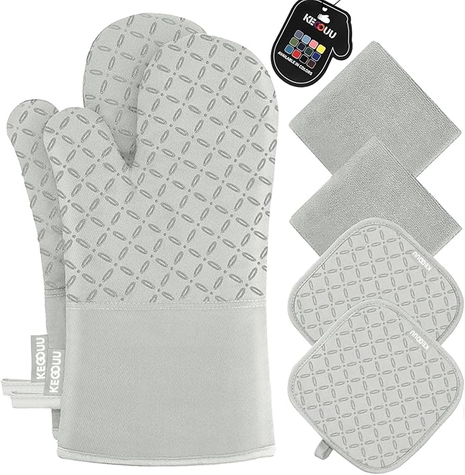 KEGOUU Oven Mitts and Pot Holders 6pcs Set, Kitchen Oven Glove High Heat Resistant 500 Degree Extra Long Oven Mitts and Potholder with Non-Slip Silicone Surface for Cooking ï¼Greenish Garyï¼