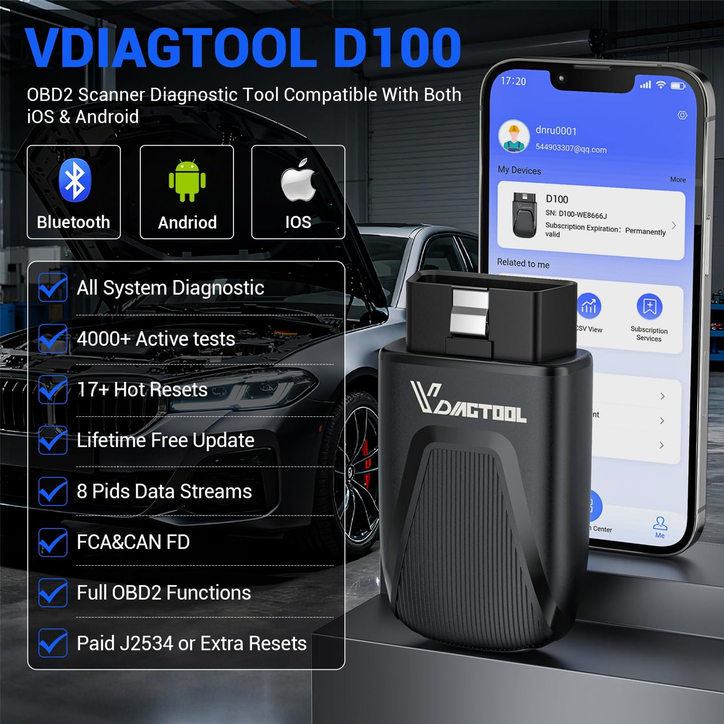 OBD2 Scanner Bluetooth Vdiagtool D100, Bidirectional Scan Tool Wireless - Full System Diagnostic With 17 Resets, Lifetime Updates Crank Sensor Throttle EPB Relearn Car Code Reader for iPhone & Android