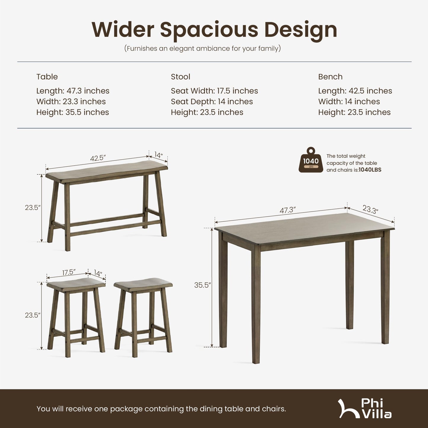 PHI VILLA Counter Height Table and Chairs, Solid Wood Dining Table Set for 4, High Top Kitchen Table Chairs Set of 4, Farmhouse Kitchen Table Set with Bench and Chairs, Smoky Brown