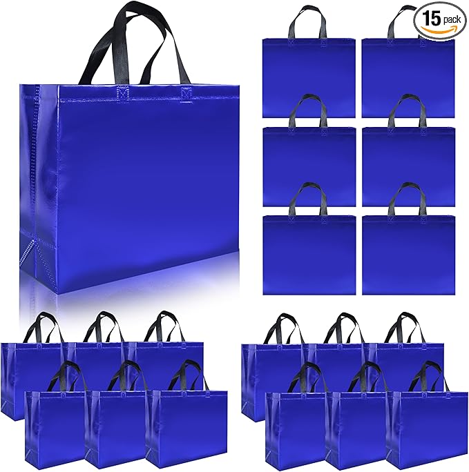 cabzymx 15 Pcs Glossy Blue Reusable Gift Bags with Handles, Party Gift Bags Bulk with Sturdy Bases, Ideal Goodie Bag for Birthday, Wedding, Christmas, Holiday-12.6 x 4.7 x 11 In