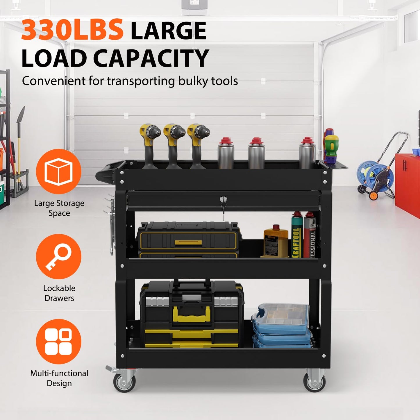 SGmory 3-Tier Heavy Duty Utility Cart on Wheels, Rolling Tool Cart on Wheels with a Drawer, 350 Lbs Load Capacity Service Cart for Warehous, Garage and Repair Shop (Black)