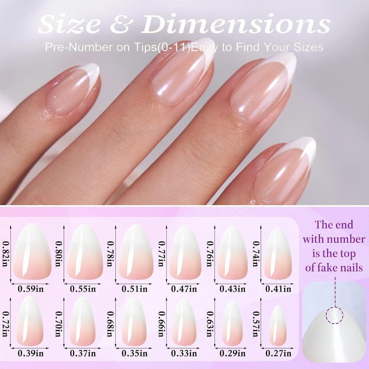 French Tip Press On Nails, White Short Almond Reusable Stick On Nails in 12 Sizes - 24 Soft Gel Fake Nail Kit for Women