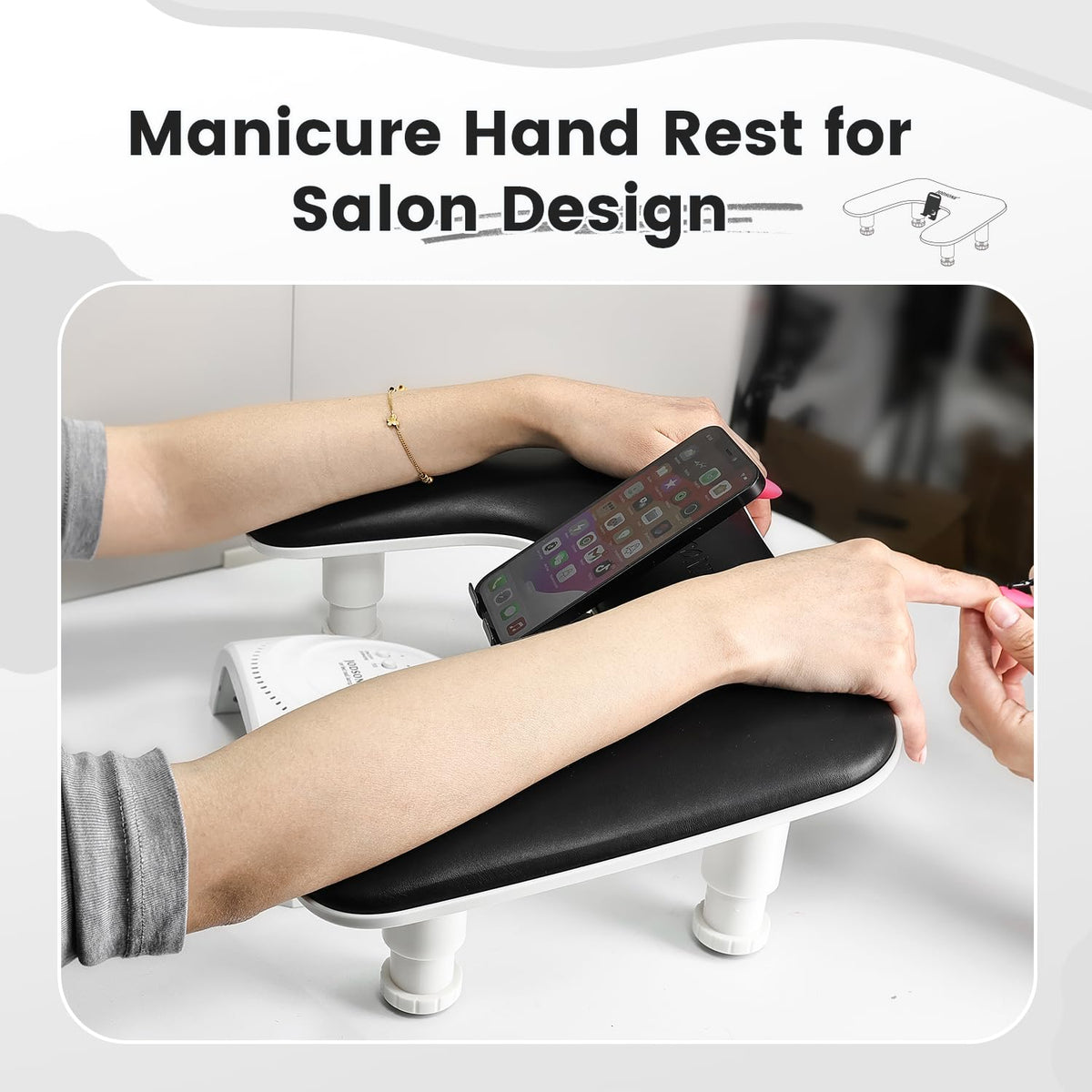 JODSONE U-Shaped Black Arm Rest for Nails Tech with Rotating 360°Built-In Phone Holder and Adjustable Nail Arm Rest Detachable Manicure Hand Rest for Salon Design