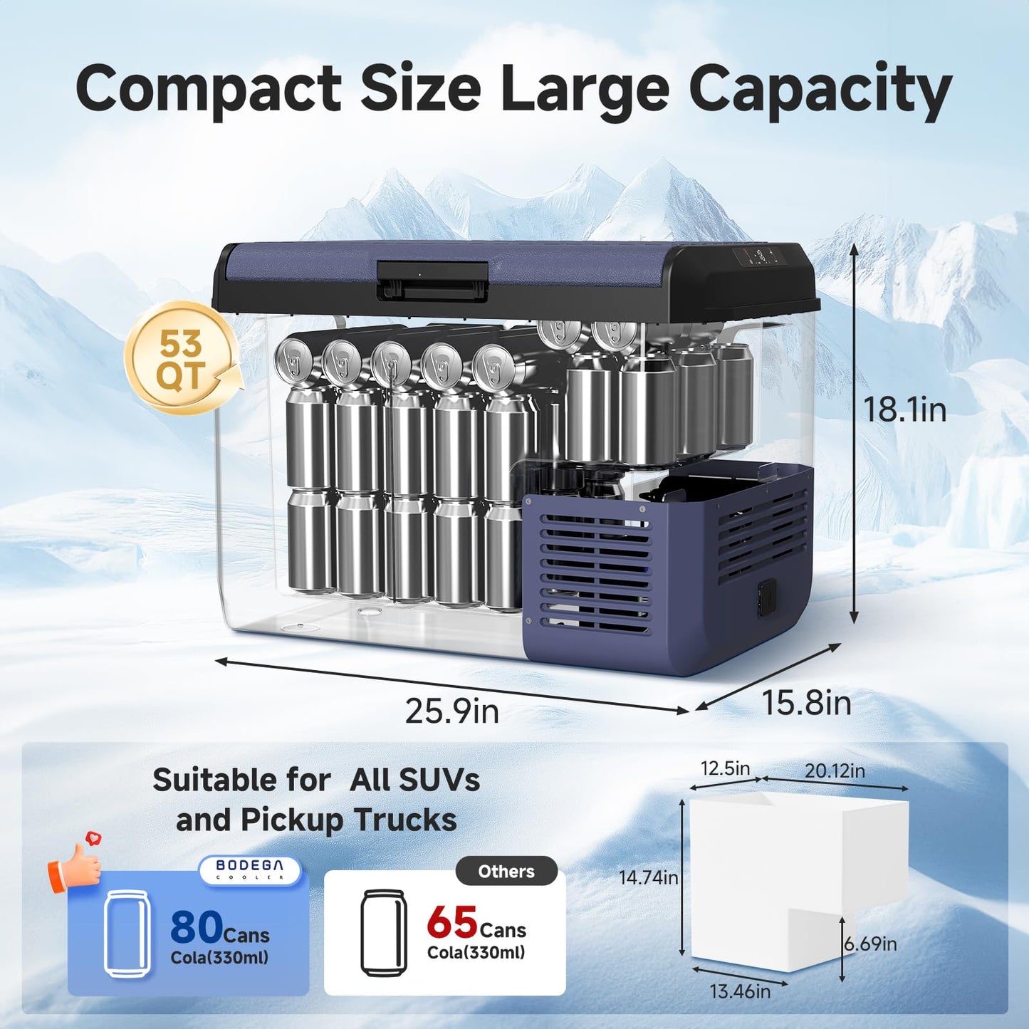 BODEGACOOLER 12 Volt Car Refrigerator, 53QT(50L) IPX4 Waterproof Electric Cooler, 31dB Ultra-Quiet Car Fridge APP Control with 12/24V DC 110-240V AC, -4โ~68โ, Portable for Truck RV Camping, Travel