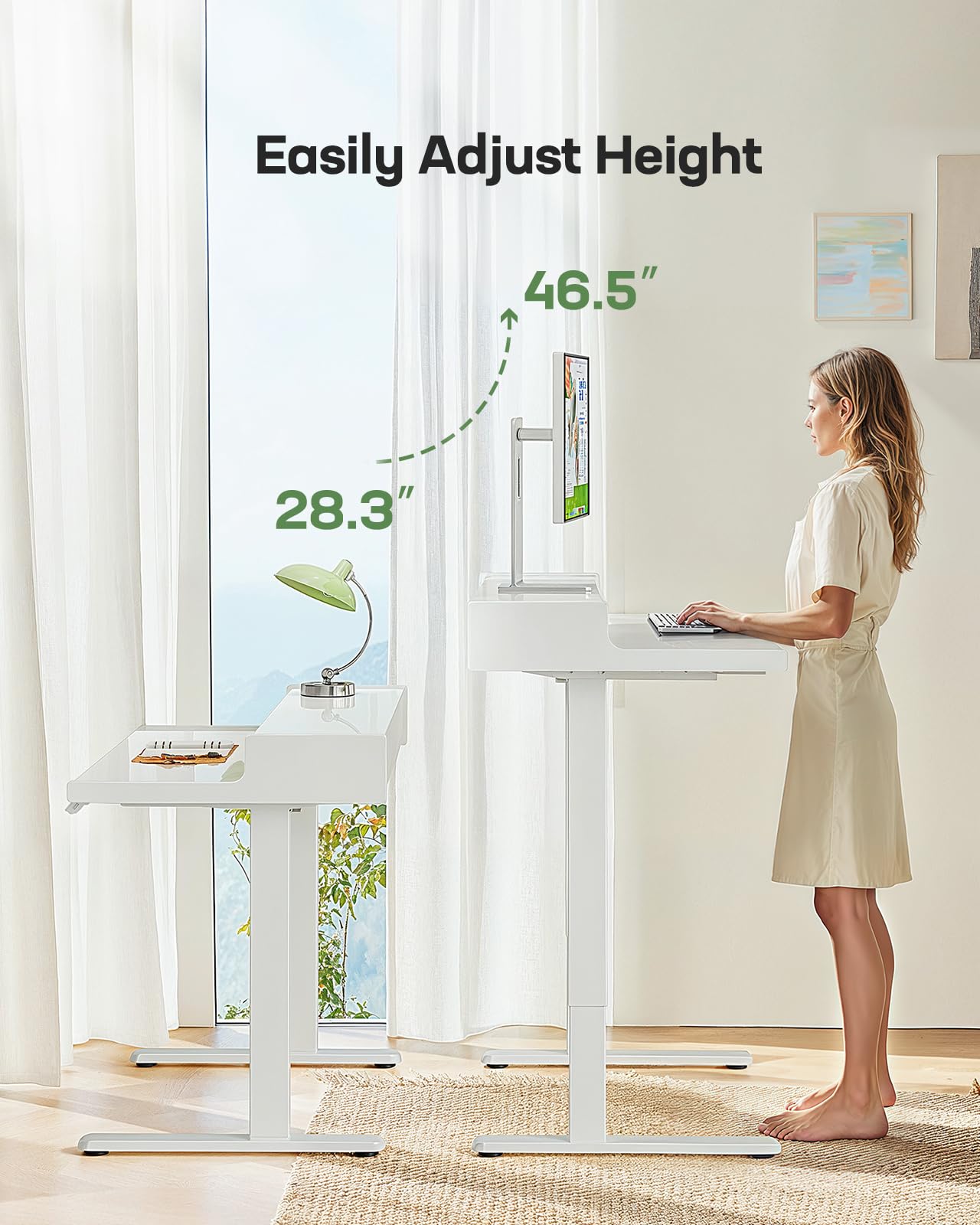 Marsail Glass Electric Standing Desk with Drawers, 48 x 24 Inch Height Adjustable Desk with Monitor Stand, Stand Up Table with Drawers for Home & Office, 4 Preset Heights, White