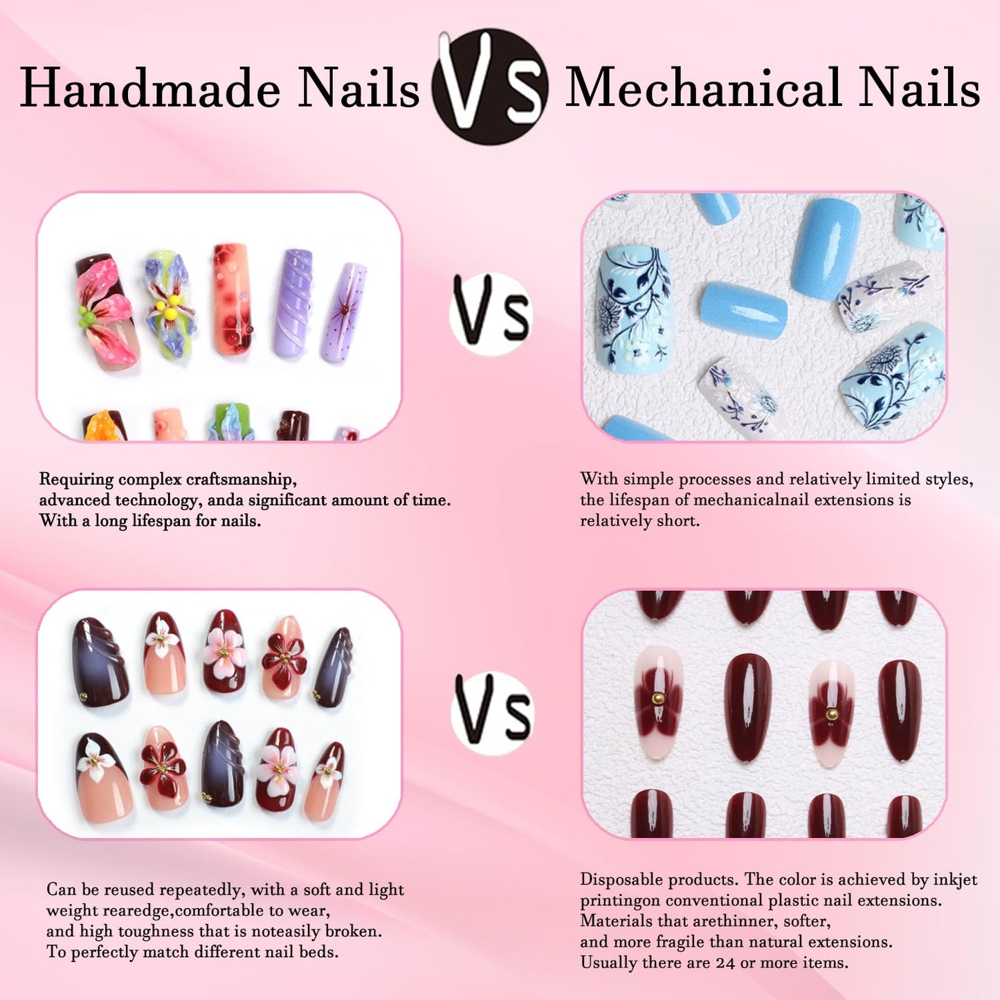 Long Press on Nails Almond Handmade Nails with Glue,French Tip False Nails Nude Pink Nail Press ons 5D Flower Art Design Muti-Layer Gel Handmade Nail Luxury False Nails for Women (Size S)