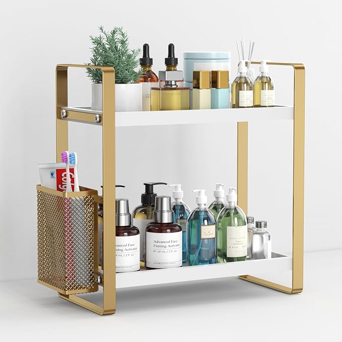 LEMIKKLE Bathroom Counter Organizer with Basket, Perfume,Makeup Organizers for Vanity,Storage Organizers for Bathroom, Kitchen, Dresserï¼ÂWhiteï¼Â