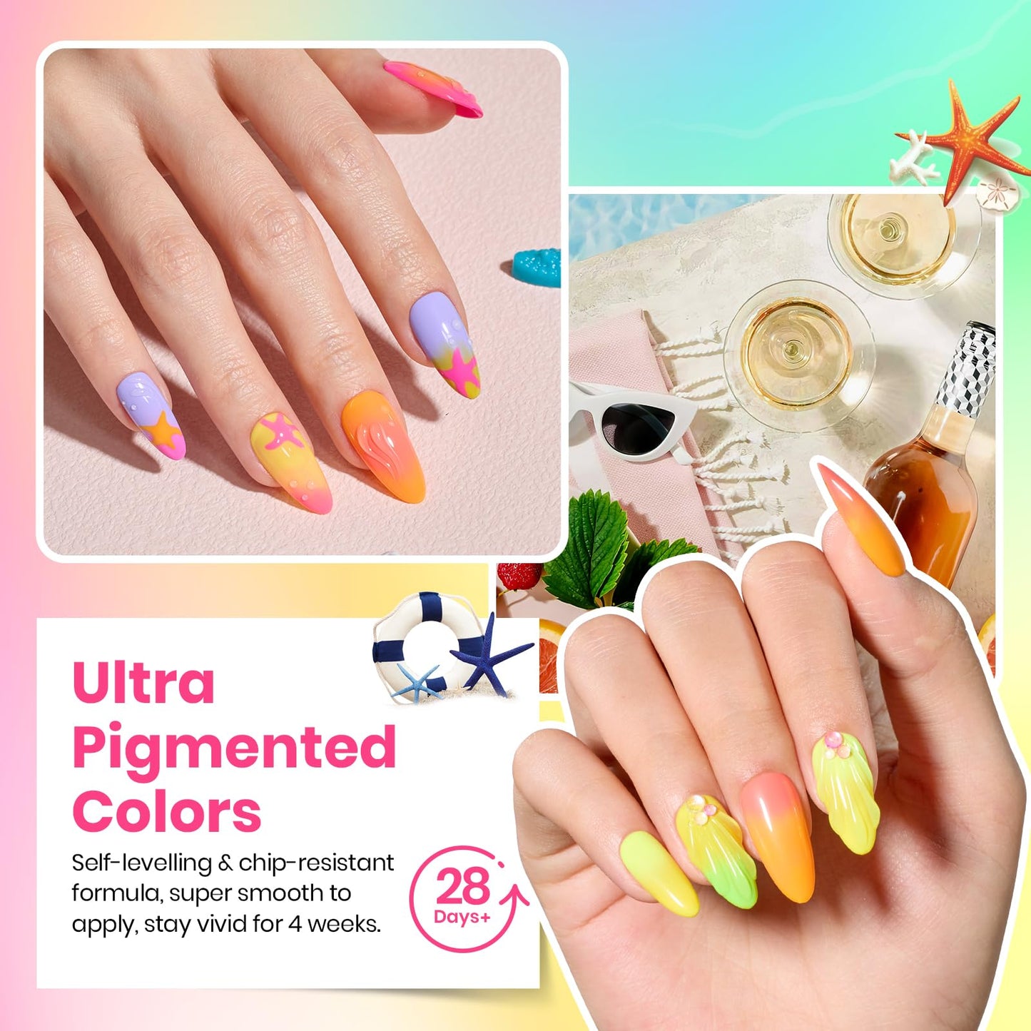beetles Summer Gel Polish Set - 36 Colors Pastel Neon Gel Nail Polish Pink Red Green Blue Yellow Nail Polish with 4Pcs Base Top Coat Soak off Colorful Collection UV