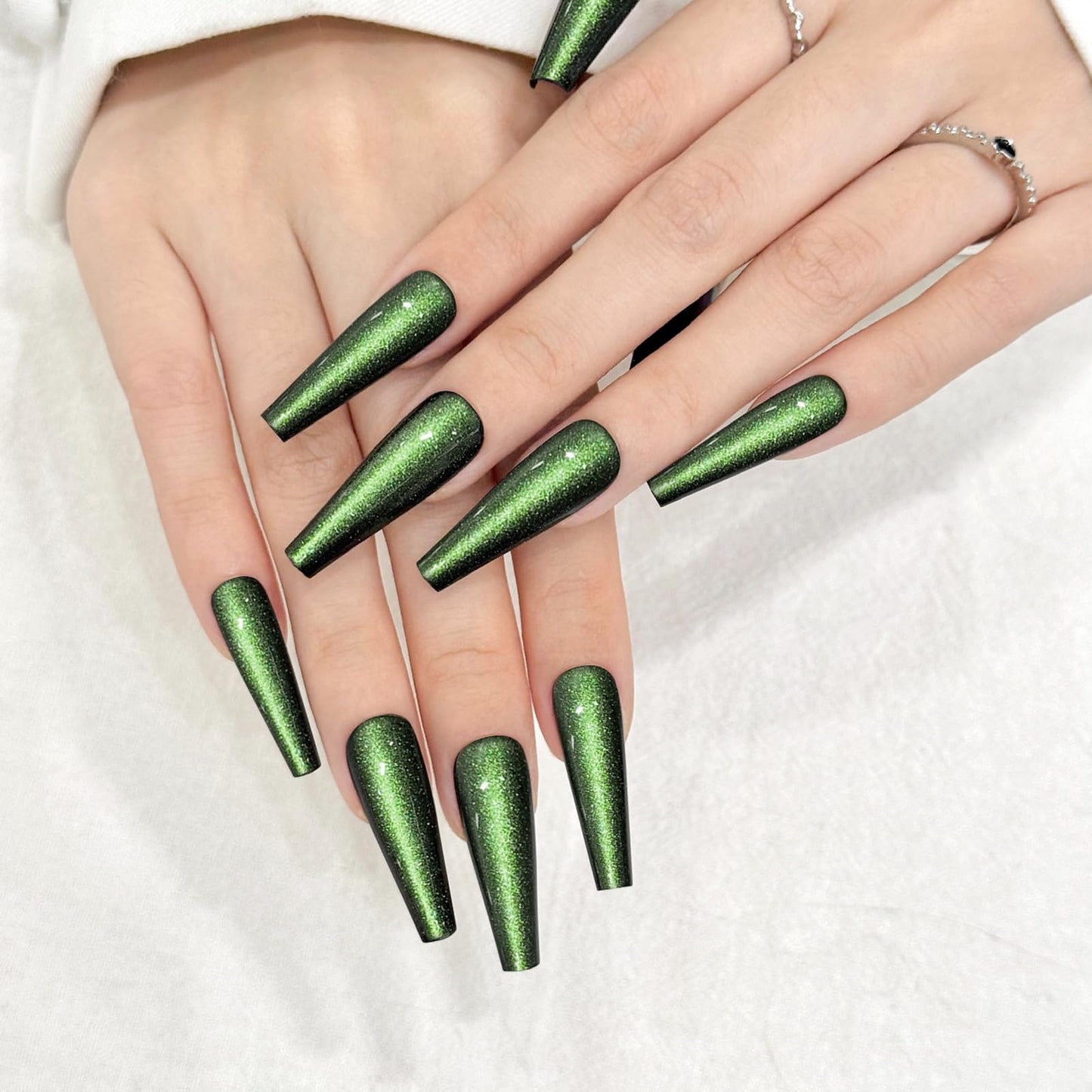 Green Cat Eyes Press On Nails,12 Sizes - 24 Pcs Soft Gel Green Long Coffin Fake Nails Kit with Nail Glue, Natural Reusable Stick On False Nails for Women and Girls SK1043