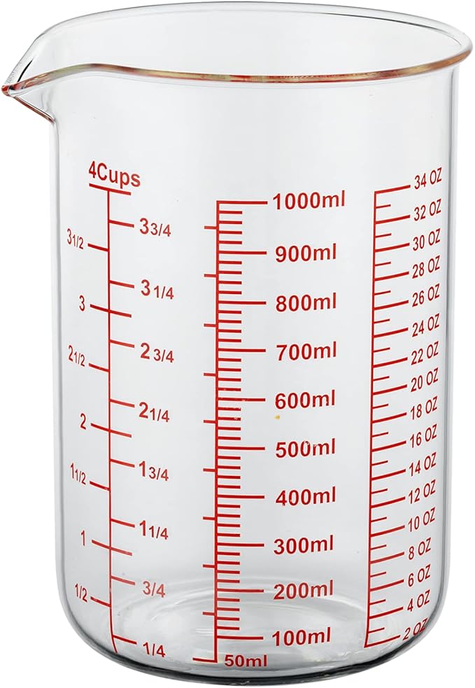 High Borosilicate Glass Measuring Cup-V-Shaped Spoutï¼Glass Measuring Beaker for Kitchen or Restaurant, Easy to Read, 1000 ML (32 Oz, 4Cup)