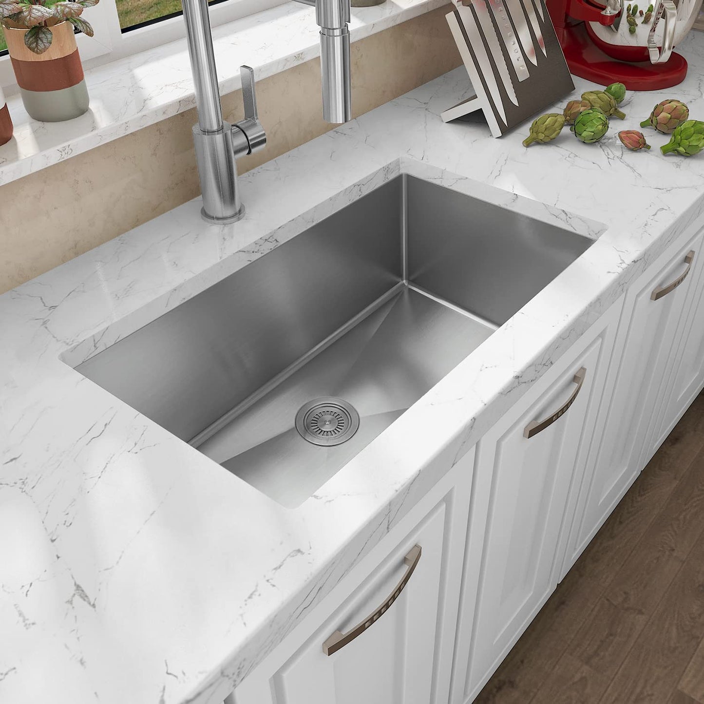 Sinber HU3018S 30" x 18" x 10" Undermount Single Bowl Kitchen Sink with 18 Gauge 304 Stainless Steel Satin Finish