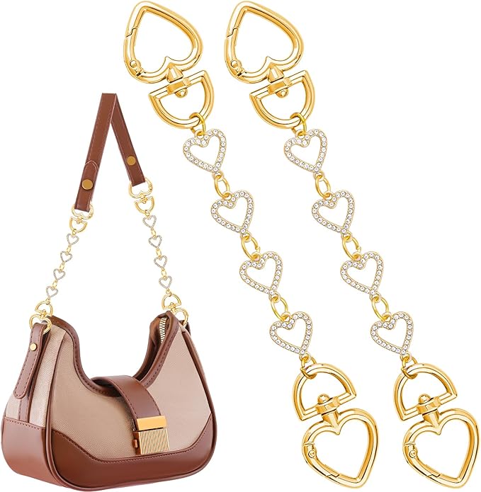 2Pcs Bag Extender Chains (Gold Heart with Rhinestones) Purse Extender Chain Bags Strap Extender for Handbags Shoulder Bags, Metal Gold Chain Replacement Purse Bag Chains Accessories Mother's Day