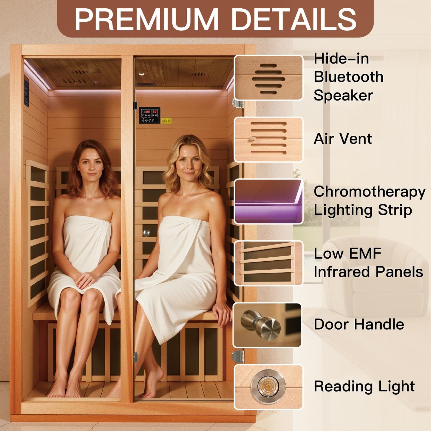 2 Person Infrared Sauna for Home, Low EMF Heater Panels & Chromotherapy Lighting, 1760W/120V, Perfect for Personal Home Sauna for Relaxation and Spa Wellness, 51.18" x 35.43" x 74.8"