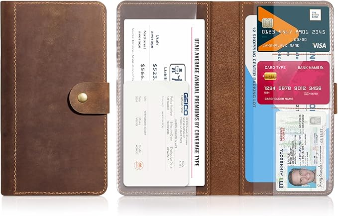 CoBak Genuine Leather Car Registration and Insurance HolderâLuxury Vehicle Glove Box Organizer, Premium Auto Document Case with Magnetic Closure for License, Cards & Papersï¼Brown