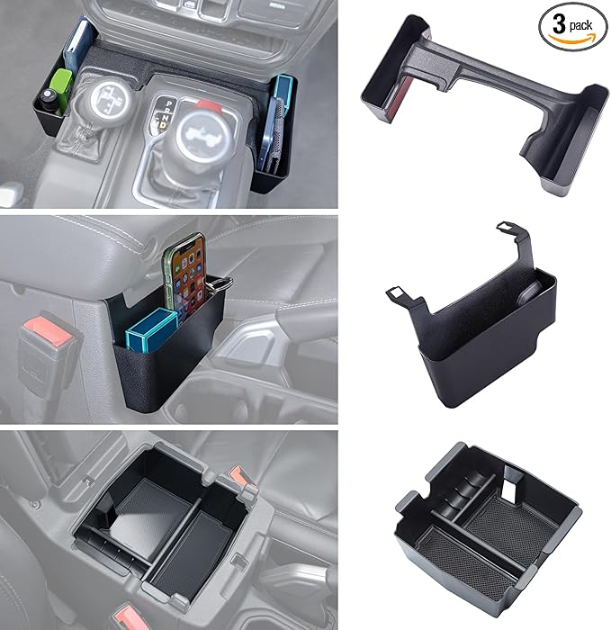 3PCS Center Console Organizer Tray Box Compatible with 2018-2025 Wrangler and 2020-2023 2024 2025 Gladiator Gear Shift Organizer Armrest Accessories Hanging Boxï¼Not for JK/JKUï¼