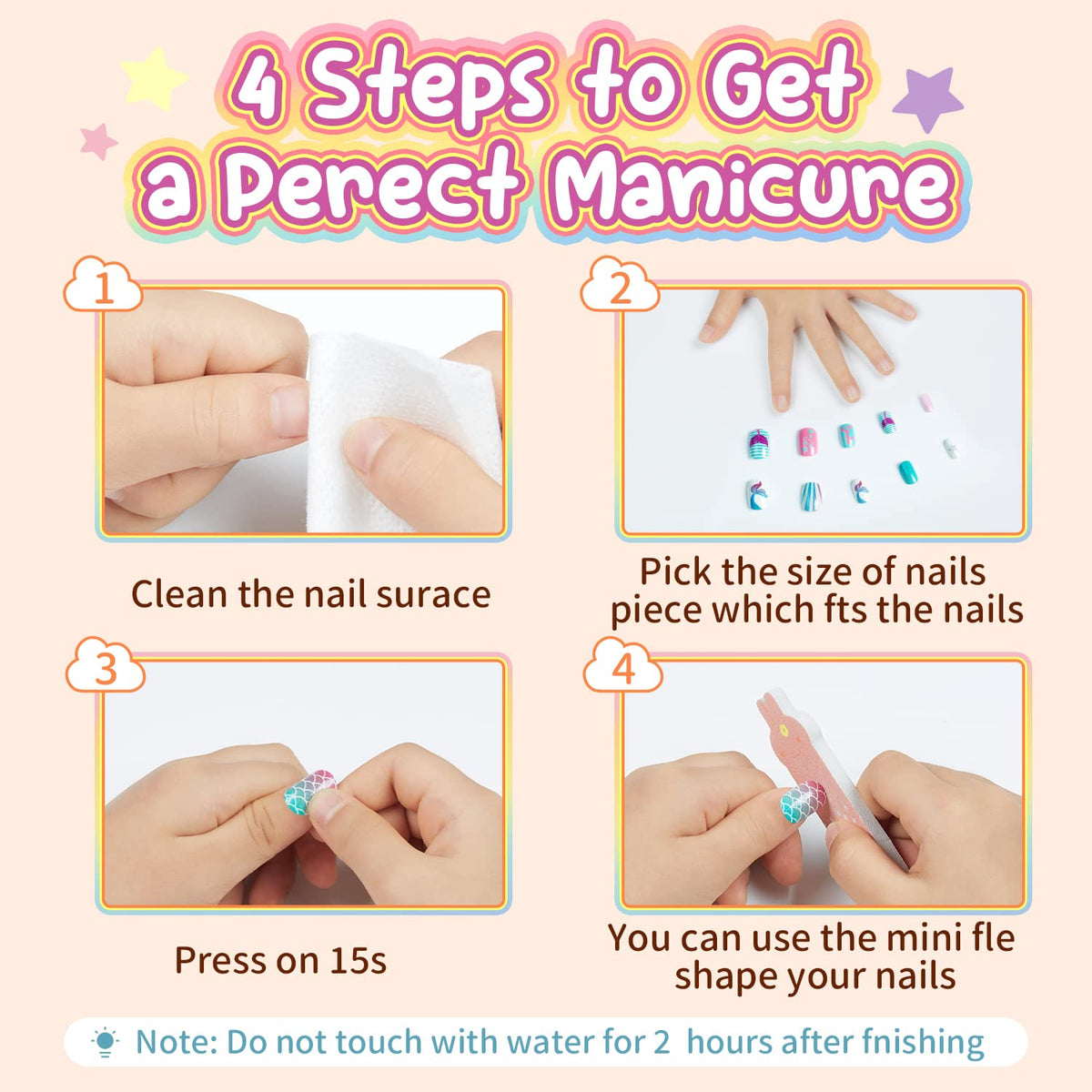 Modelones Press on Nails for Kids 144Pcs 6 Pack Children Acrylic Fake Nails Pre-glue Full Cover Glitter Color Mermaid Beach Short False Nail Art Kits Sets Gifts for Girls