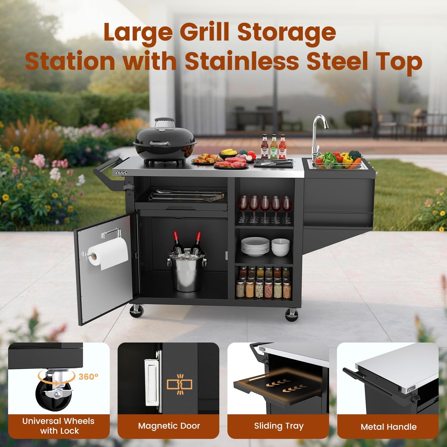 NUUK Outdoor Grill Cart on Wheel, Pizza Oven Table with Sink & Storage, 20"x42" Stainless Steel Prep Table Kitchen Island Cabinet for Backyard BBQ