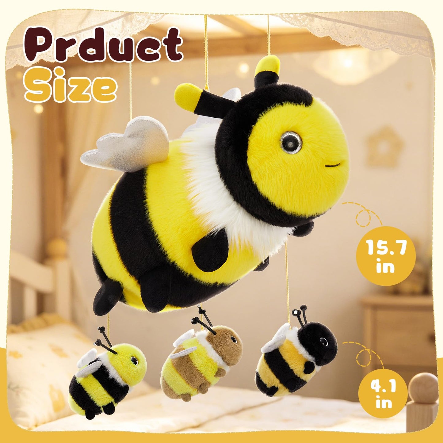 MorisMos 4Pcs Bee Stuffed Animal with Baby Inside 15 Inch, Luminous Mommy Stuffed Bee Plush Toy Set, Cute Bumblebee Surprise Toys Gift for Kids Girls Boys Birthday, Glow in The Dark