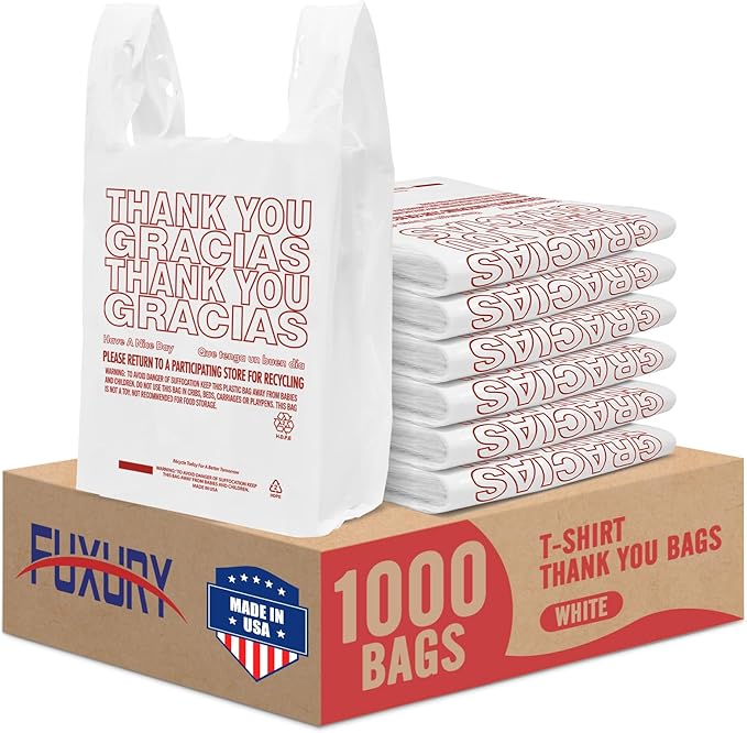 Fuxury Plastic Thank You (Gracias) Bags with Handles 1000 Count, Plastic T-Shirt Shopping Bags for Grocery, Restaurant, Take Out, To Go, Retail Store, Super Market, in Bulk (Made in USA)