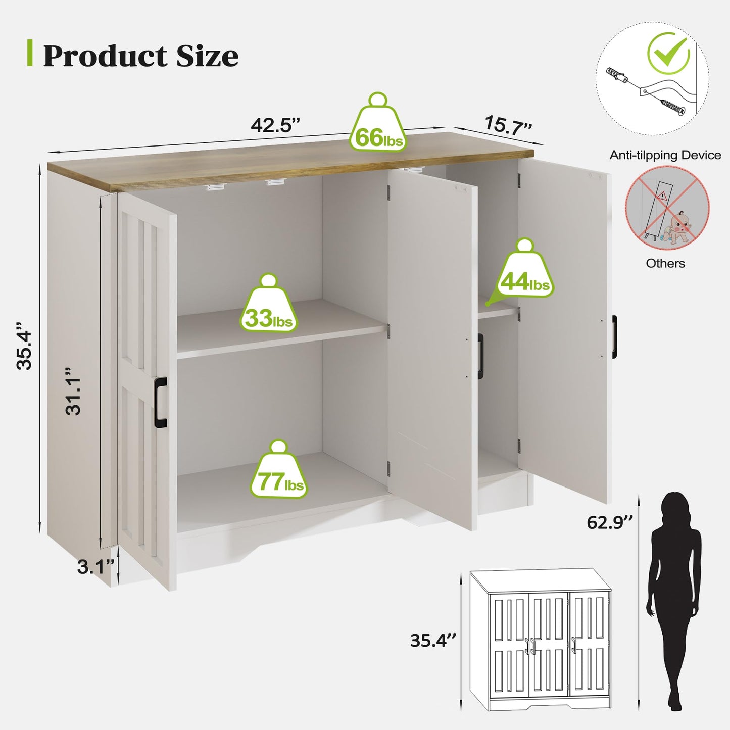 AesthLife Farmhouse Sideboard Buffet Cabinet with Doors, 42.5" Kitchen Storage Cabinets for Hallway, Living Room (Classical White)