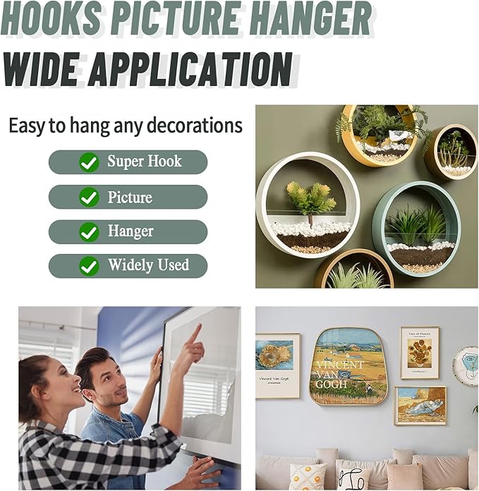 FURHUA 20pcs Super Hook Picture Hangers and Office Pack, Drywall Hooks for Hanging Pictures, Wall Hooks, Picture Hangers, Picture Hanging Kit,Hang Art, Clock, Shelves, Mirrors