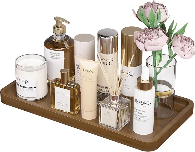 Weenson Bathroom Vanity Tray for Soap Dispenser, Perfume, Makeup, Dresser Jewelry, Decor, Candle, Bamboo Kitchen Tray for Counter Coffee Spice Salt Brown Toilet Tank Tray11.81âL x 6.1âW x 0.79âH