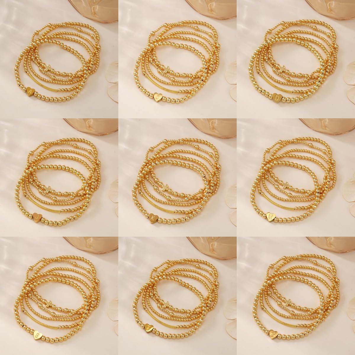 14K Gold Cross Beaded Initial Bracelet Stack for Women,Dainty Stretch Gold Plated Letter “C” Stackable Bracelets Bohemian Layered Prom Party Accessories Jewelry Gift Friendship