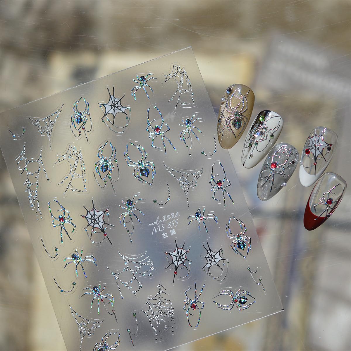 1 Sheets Halloween Nail Stickers for Nail Art Metal Spider Nail Art Stickers Silver Spiders Web with Rhinestones Design Horror Gothic Nail Decals Manicure Decoration for Women Acrylic Nail Supplies