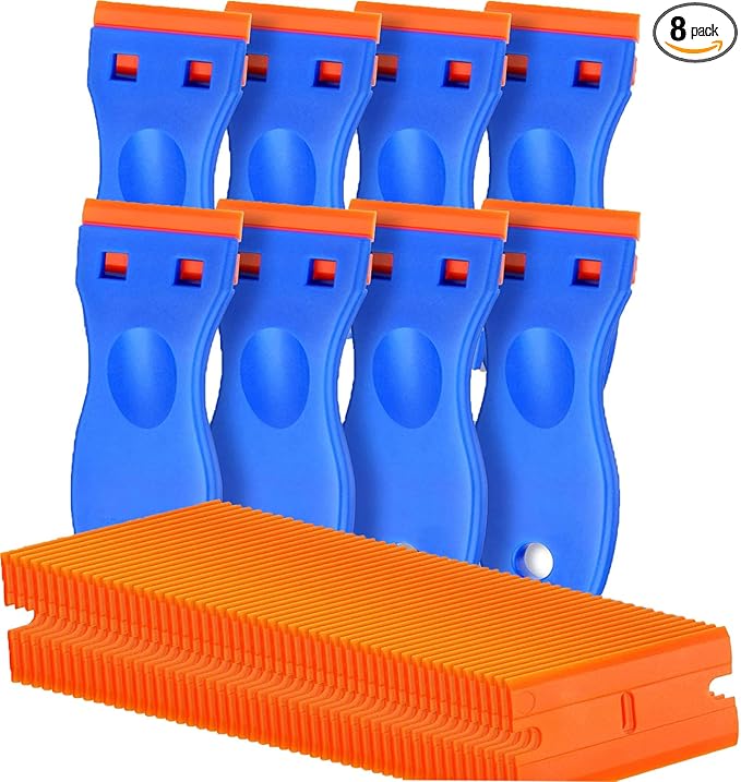 8 Pcs Plastic Razor Blade Scraper and 100 Pcs Blades, Remove Label Decal Toolï¼ Forwithout Scratches Plastic Razor Blade Scraper, Adhesive Remover for Stickers, Kitchen Appliances and Paints on Window