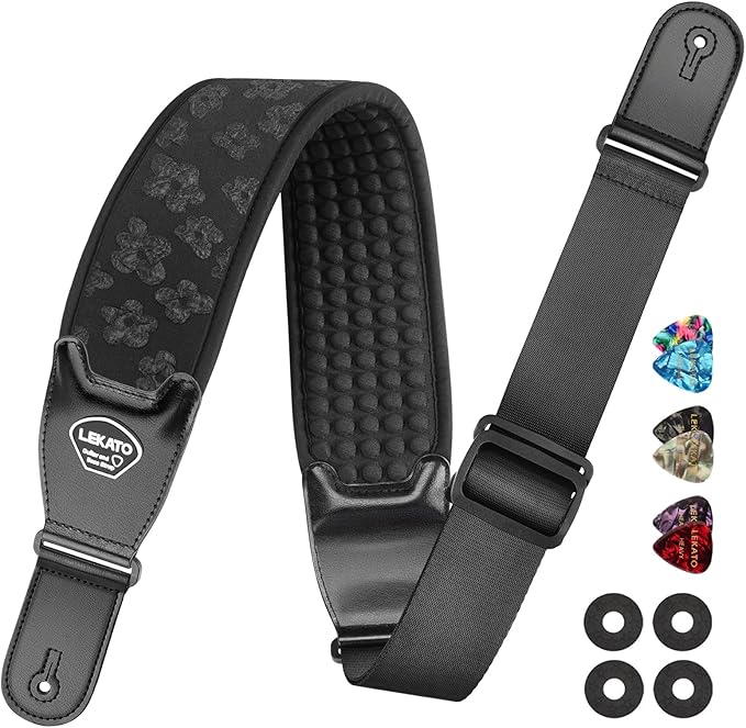LEKATO Guitar Strap for Electric Guitar Bass, 3.5" Wide Anaglyph Embossed Floral Neoprene Padded Straps with 3D Sponge Filling Adjustable Length from 45" to 55" with Strap Locks, Picks, Black Flower