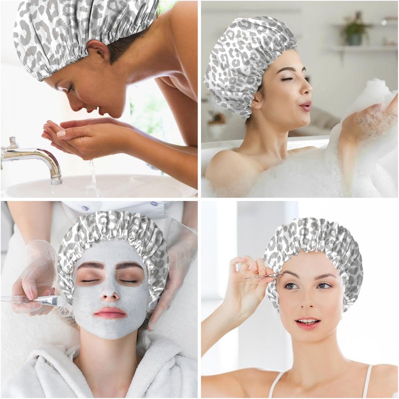 BHAHB 2 PCS Shower Cap Reusable Waterproof Double Layer Elastic Adjustable Hair Bath Caps Cute Aesthetic for Women Girls-Black White Leopard