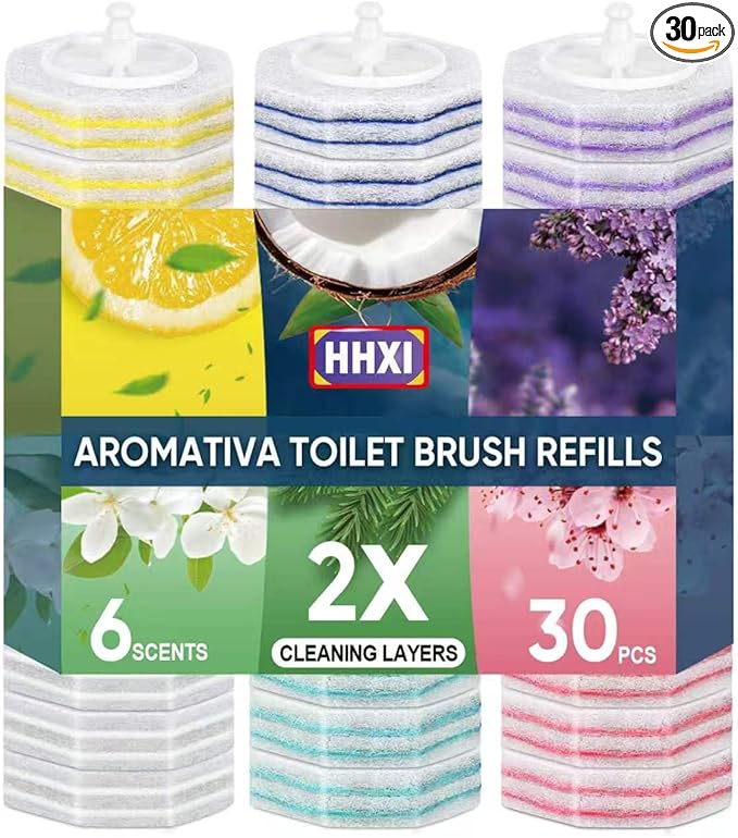 30Ct Aromative Toilet Brush Refills, Toilet Bowl Cleaner Refills, Double-Layer Cleaning Pads Added, Disposable Refill Heads for Toilet Bowl Cleaner Wands, 6 Flavorsï¼Patentedï¼
