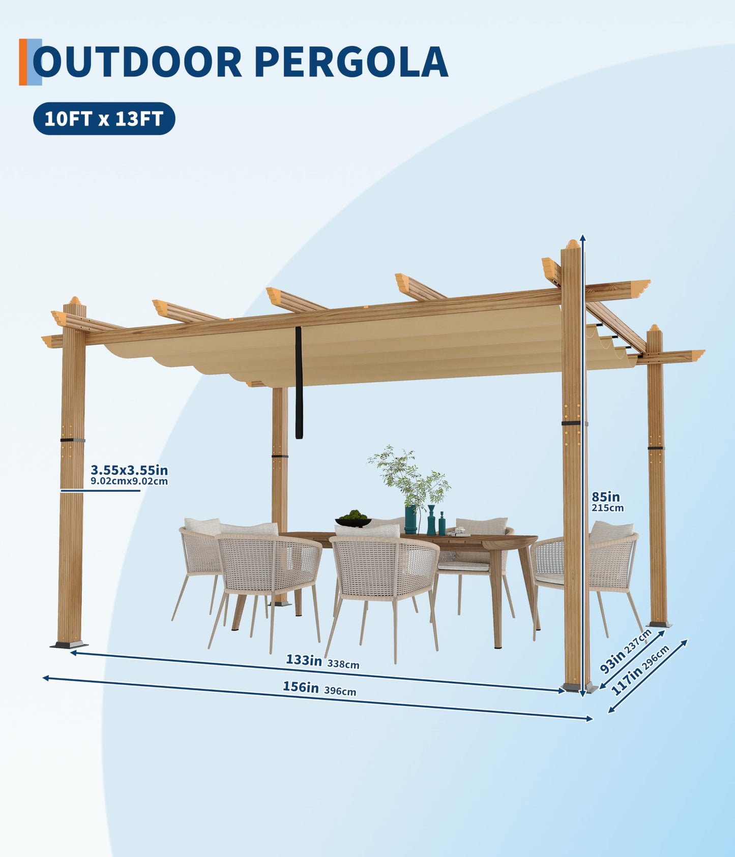 GarveeLife 10 x 13 ft Wood-Grain Aluminum Pergola Outdoor Pergola with Retractable Canopy Sun Shade Shelter for Garden, Patio, Backyard, Deck - Khaki