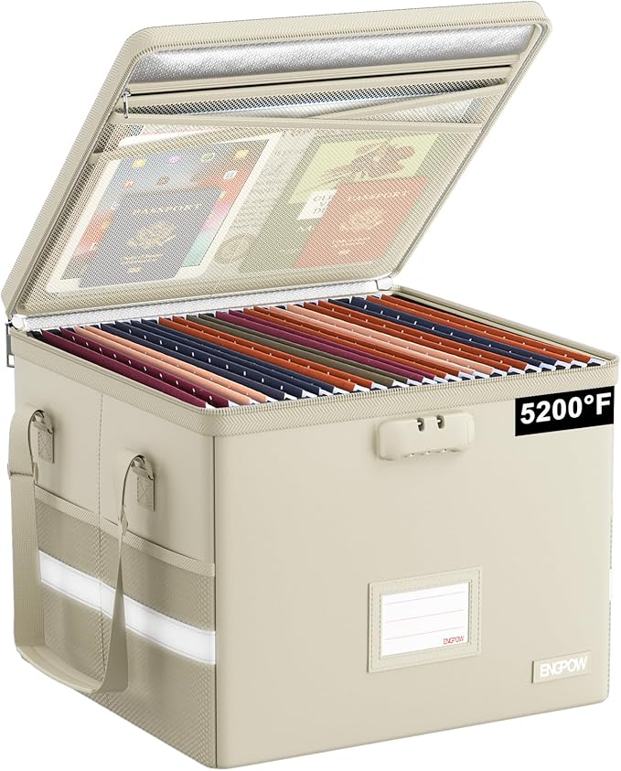 ENGPOW 5200ðF File Box Fireproof Document Box with Lock,Heat Insulated Collapsible File Storage Organizer Box with Handle,Portable Home Office File Cabinet for Hanging Letter/Legal Size Folder, Beige