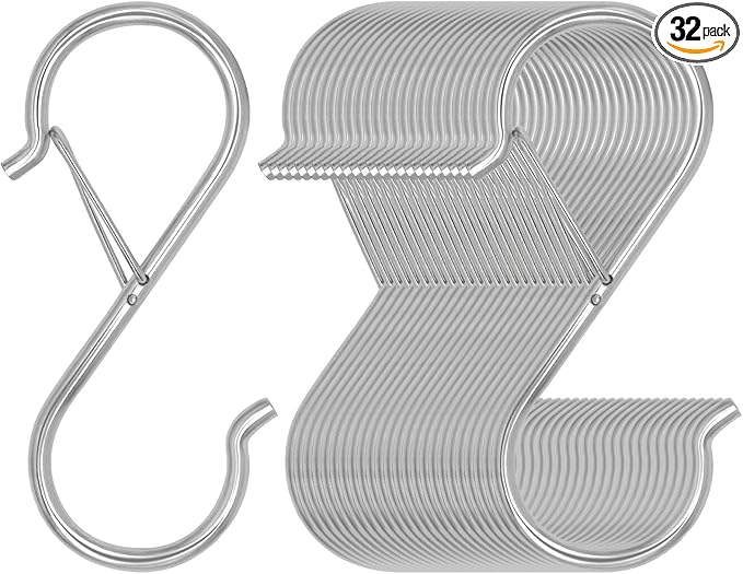 Waitkey 32 Pack S Hooks for Hanging, 3.5 inch Heavy Duty Metal S Hooks with Safety Buckle S Shaped Hooks Pot Rack Closet Hooks for Hanging Plants, Clothes, Kitchen Utensil, Pots, Pans, Bags (Silver)