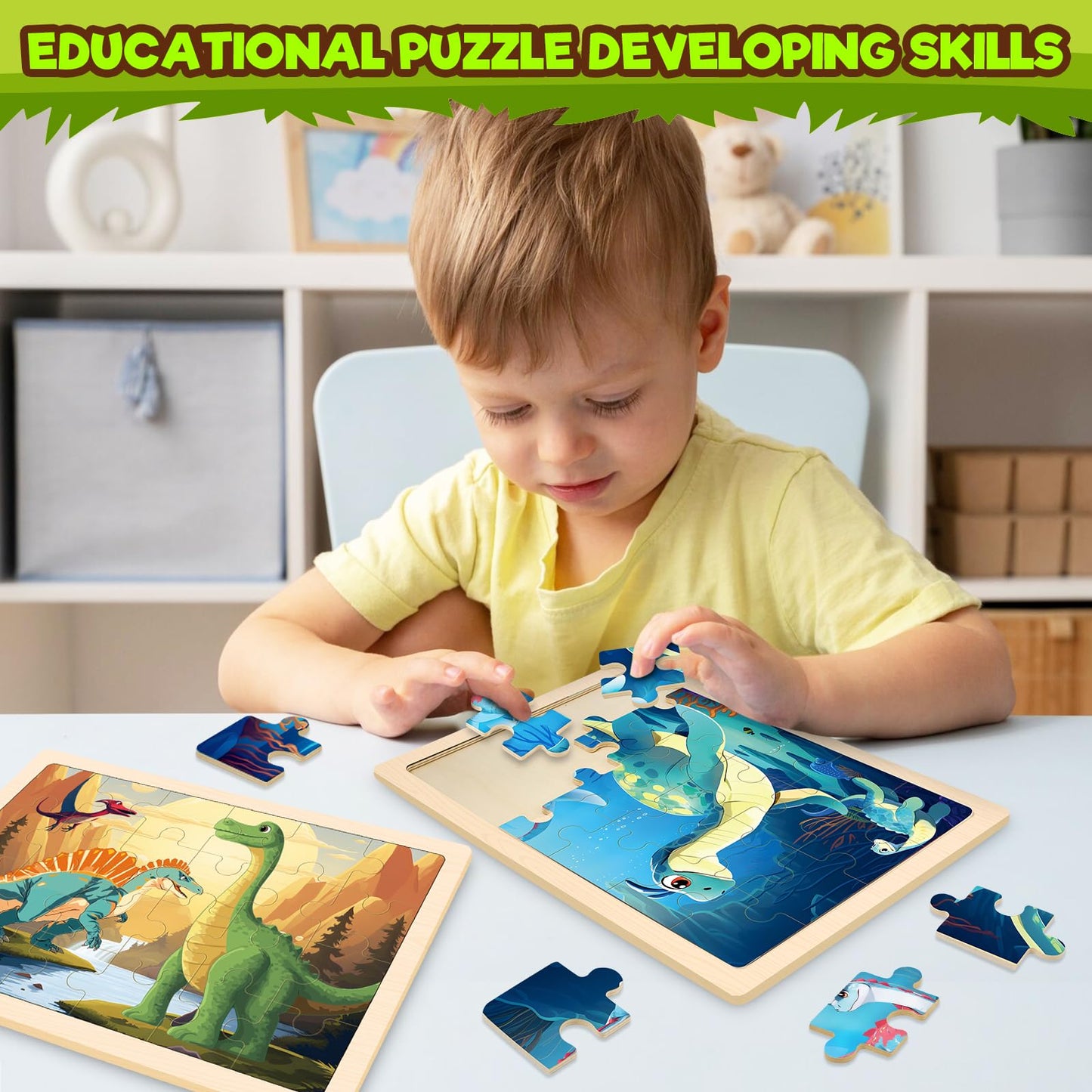 Puzzles for Kids Ages 4-6, 4 Packs Wooden Dinosaur Puzzles for Toddlers Ages 3-5, Preschool Educational Dino Puzzles Boards Toys Gifts for 3 4 5 6 Boys Girls