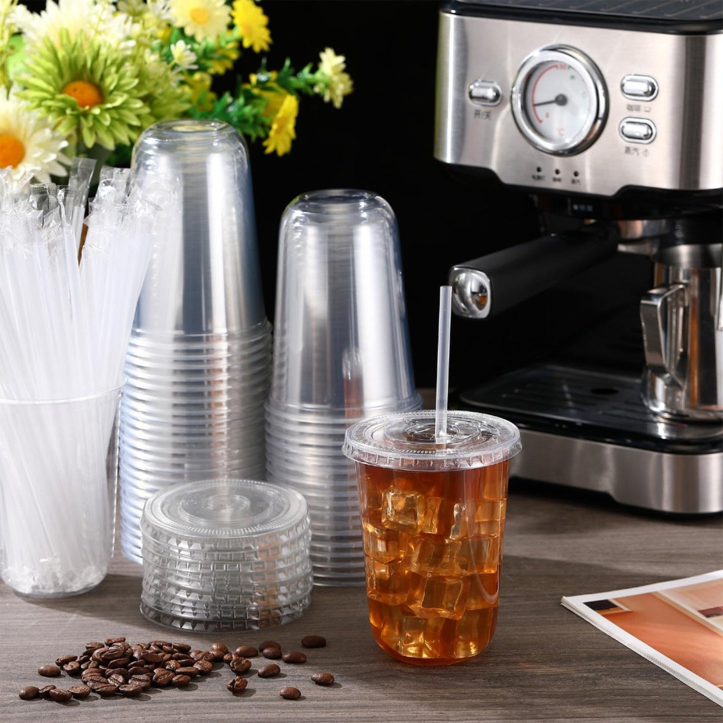 Ziliny 50 Sets Clear Plastic Cups with Lids and Straws, Disposable Iced Coffee Cups Drinking PET for Cold Drinks, Juice, Smoothie, Coffee Shops, Party, Christmas(Clear,16 oz)