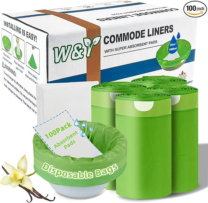 W&Y 100 Pack Commode Liners with Super Absorbent Pads, Universal Fit All Standard Toilet Chair Bucketï¼Vanilla-Scented Portable Sanitary Bag for Adult Toilets and Camping Toiletsï¼100 Bags+100Padsï¼